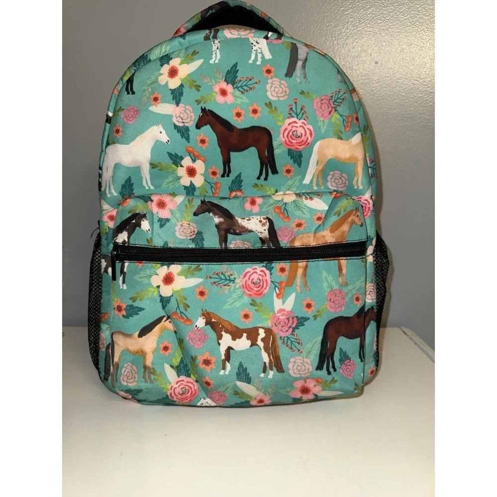 Horse Backpack with Flowers Backpack Cowgirl Farm Equestrian Pony Blue/Multi